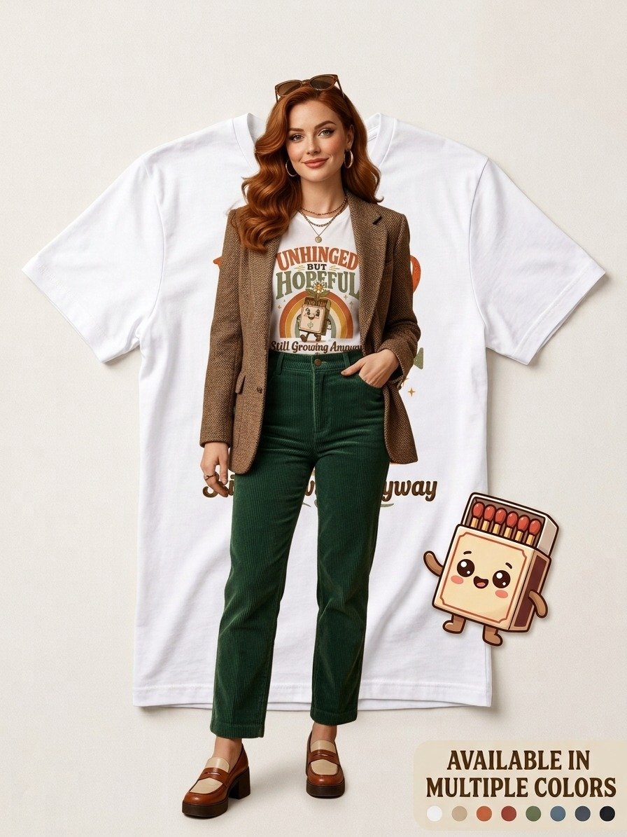 Unhinged But Hopeful Shirt – Funny Mental Health Positivity Graphic Tee, Still Growing Anyway product image (8)