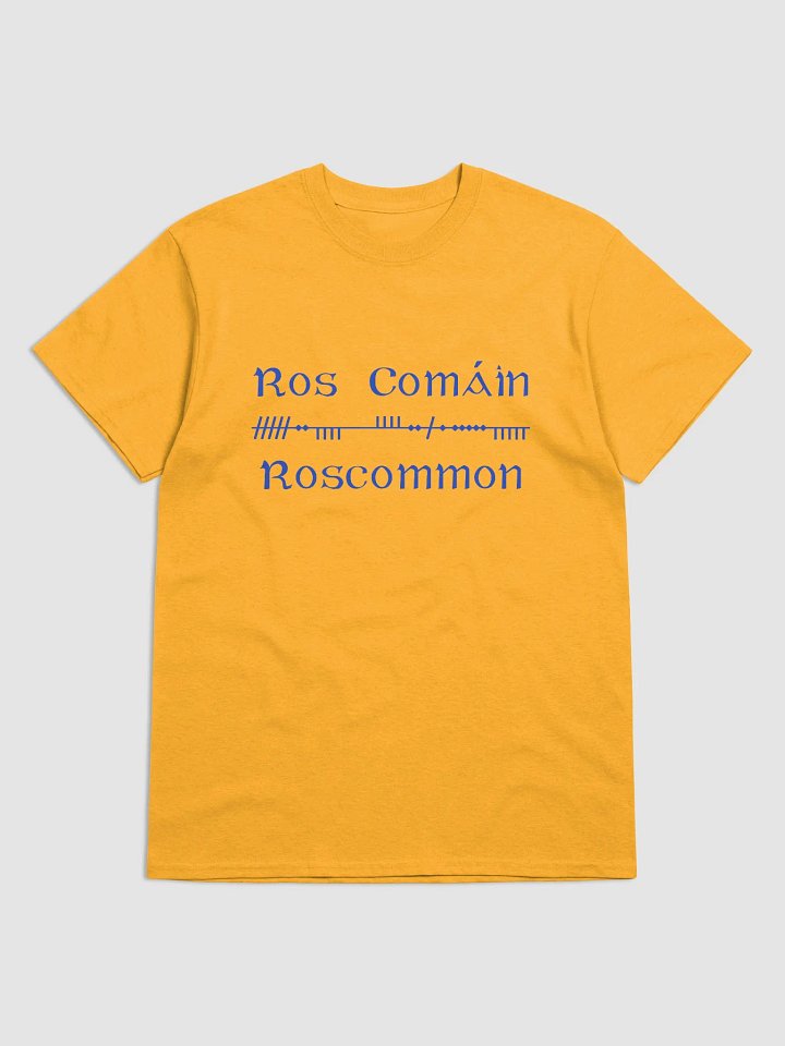 Roscommon/Ros Comáin Scholastic style Ogham Yellow printed T-shirt product image (1)