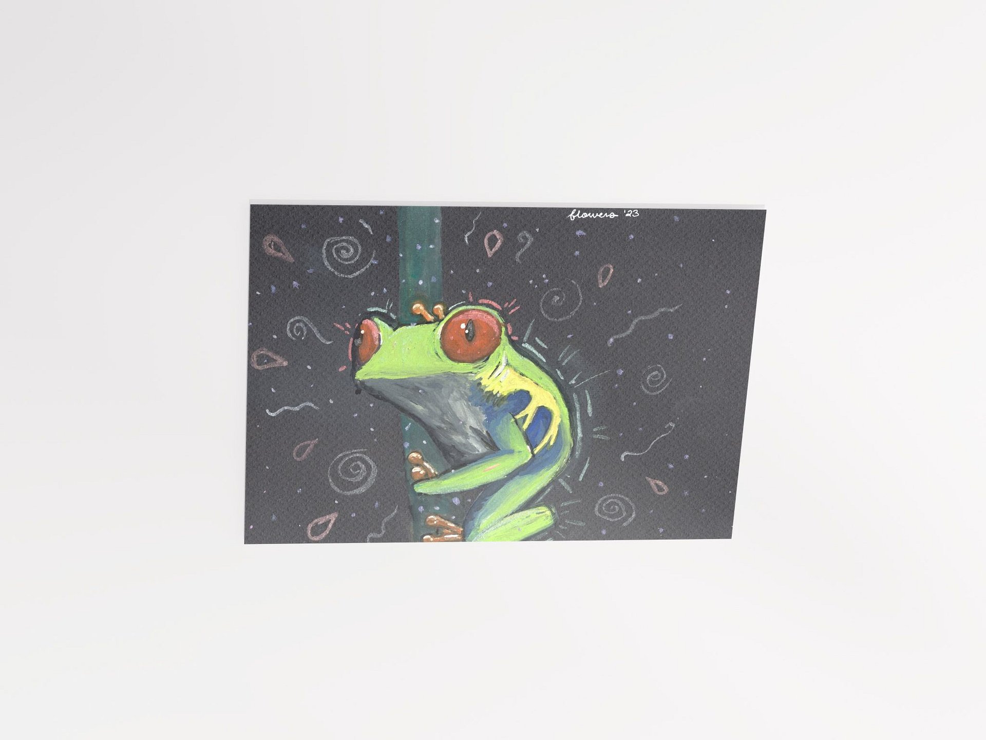 vibrant green tree frog - gouache and watercolour on black paper - print product image (10)