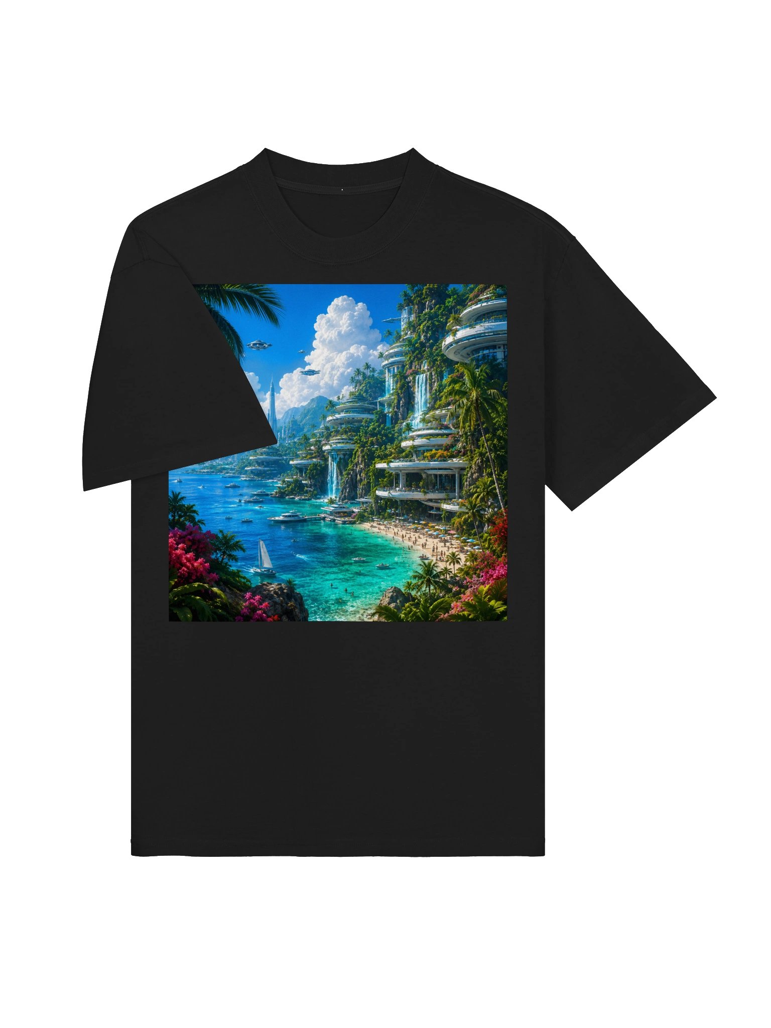 Futuristic Tropical T-Shirt | Cyberpunk Paradise Unisex Oversized Black Tee | Sci-Fi Beach Shirt product image (4)