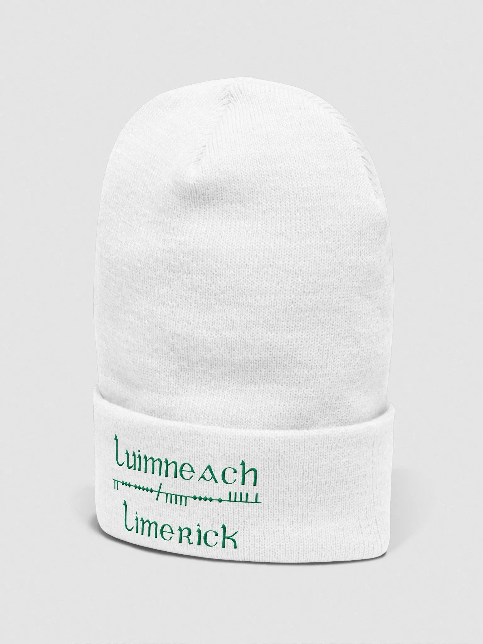 Limerick/Luimneach Scholastic style Ogham, white with green, embroidered Cuffed Beanie product image (2)