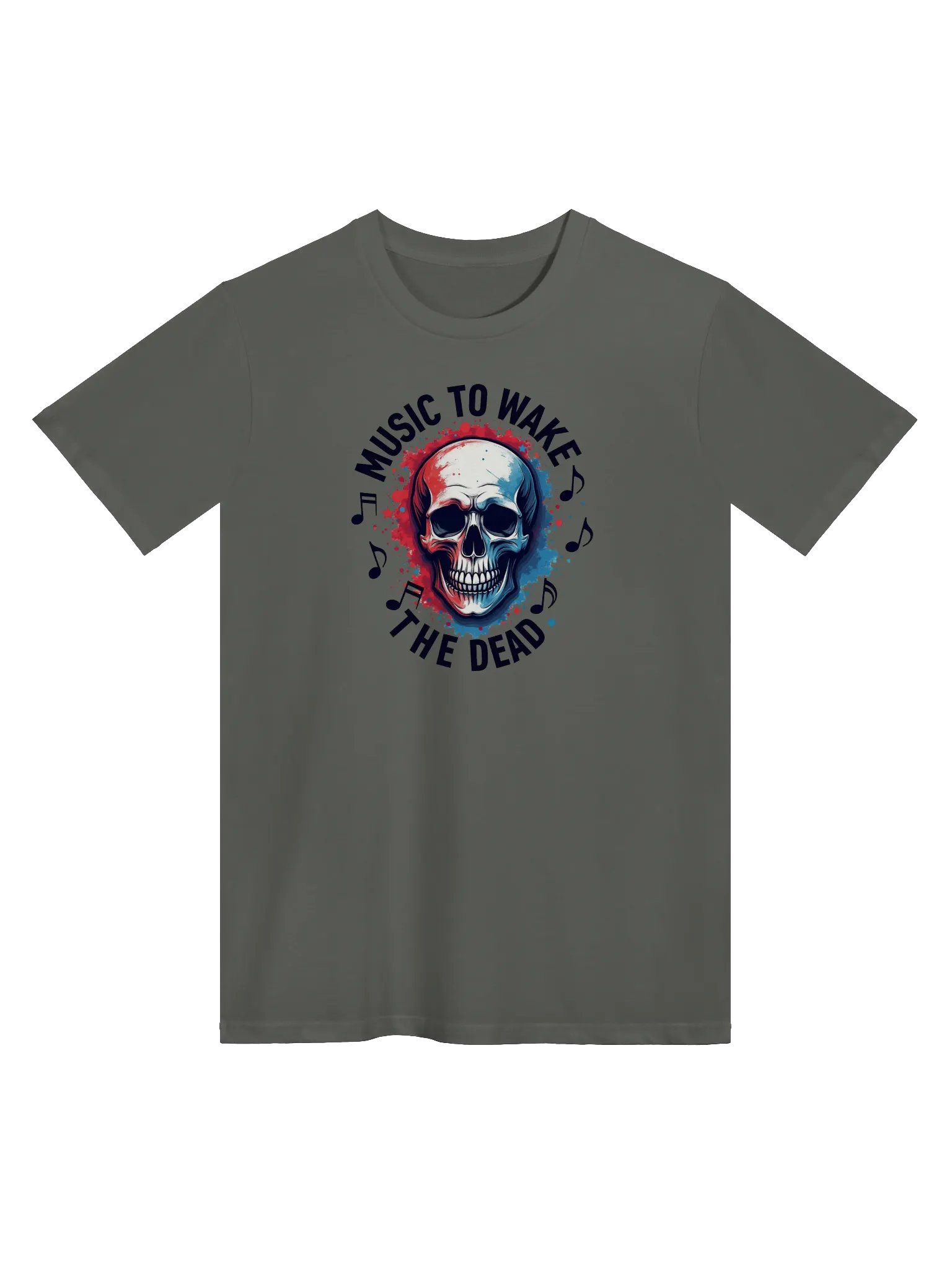 Music to Wake the Dead – Skull Art with Red and Blue Splashes, Supreme Comfort Unisex T-Shirt product image (2)