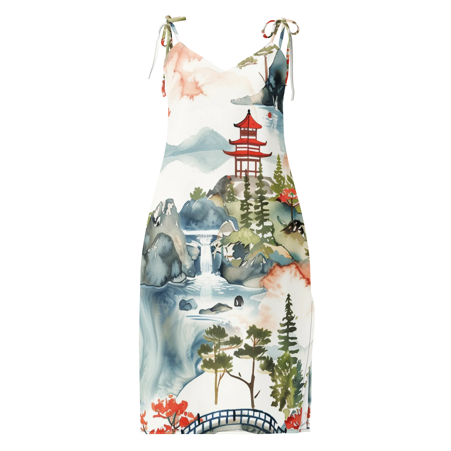 Japanese Pagoda Watercolor Midi Slip Dress | Chiffon Landscape Dress product image (1)