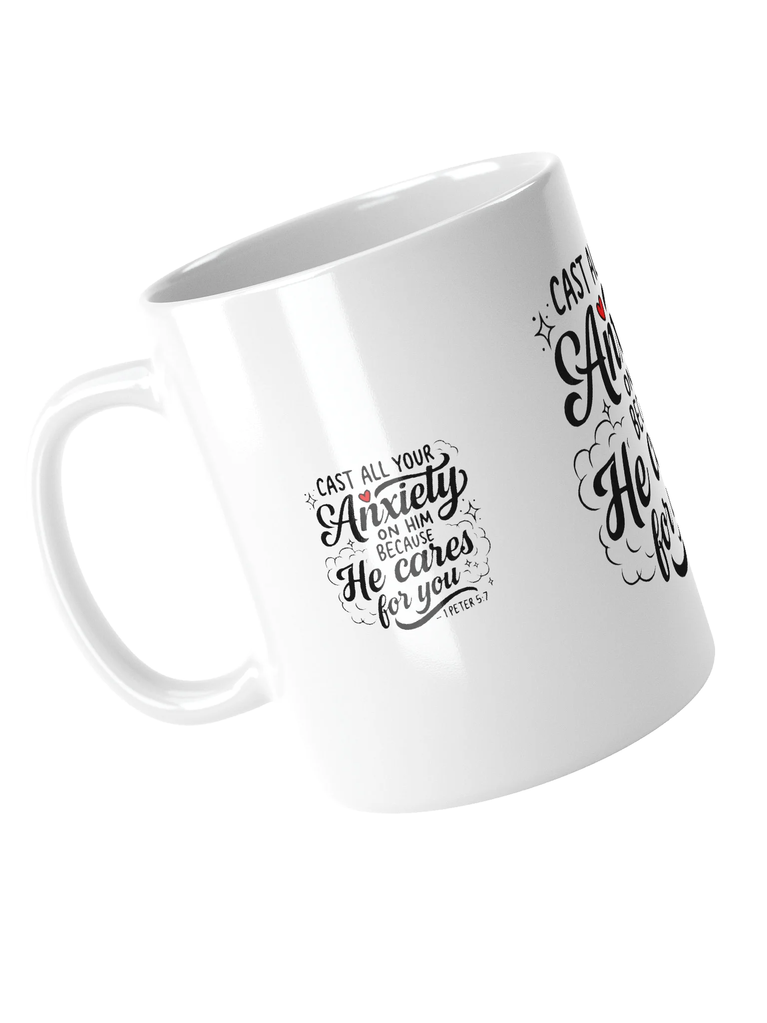 Cast All Your Anxiety White Glossy Mug — 1 Peter 5:7 product image (5)