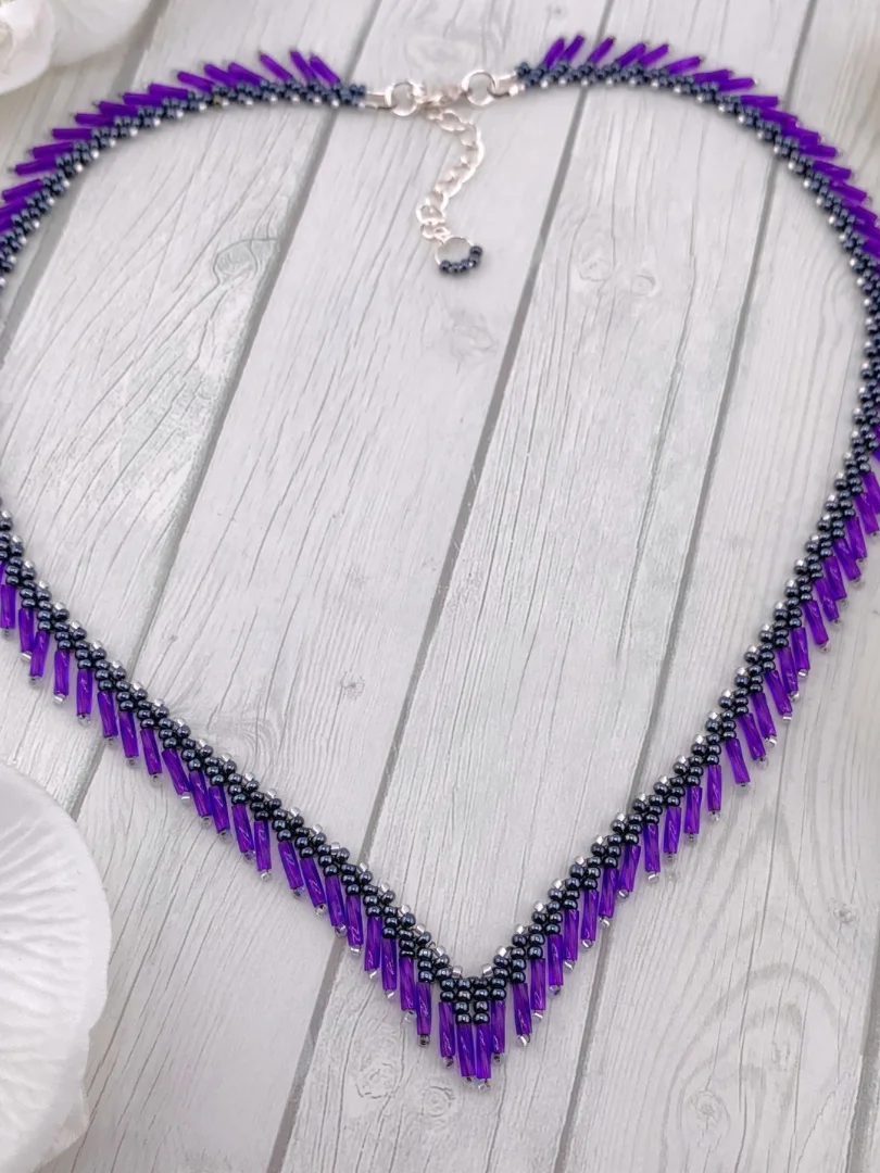 Bugle Bead Fringe Necklace - Purple product image (6)