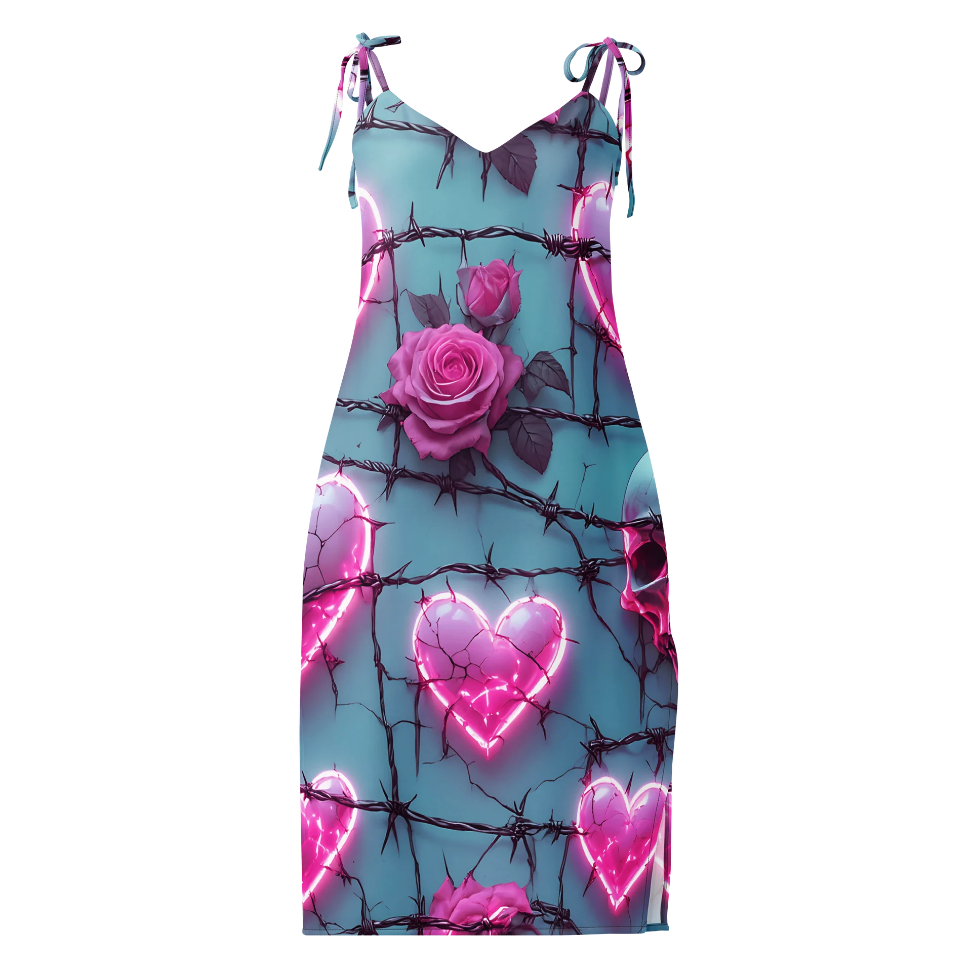 Neon Barbed Rose Heart Midi Slip Dress - Glow Pink Shattered Hearts & Roses Chiffon Halter Dress with Slit product image (1)