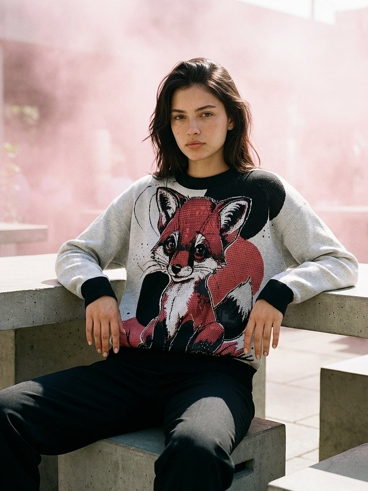 Pink Fox Knitted Crewneck Sweater Relaxed Fit product image (1)
