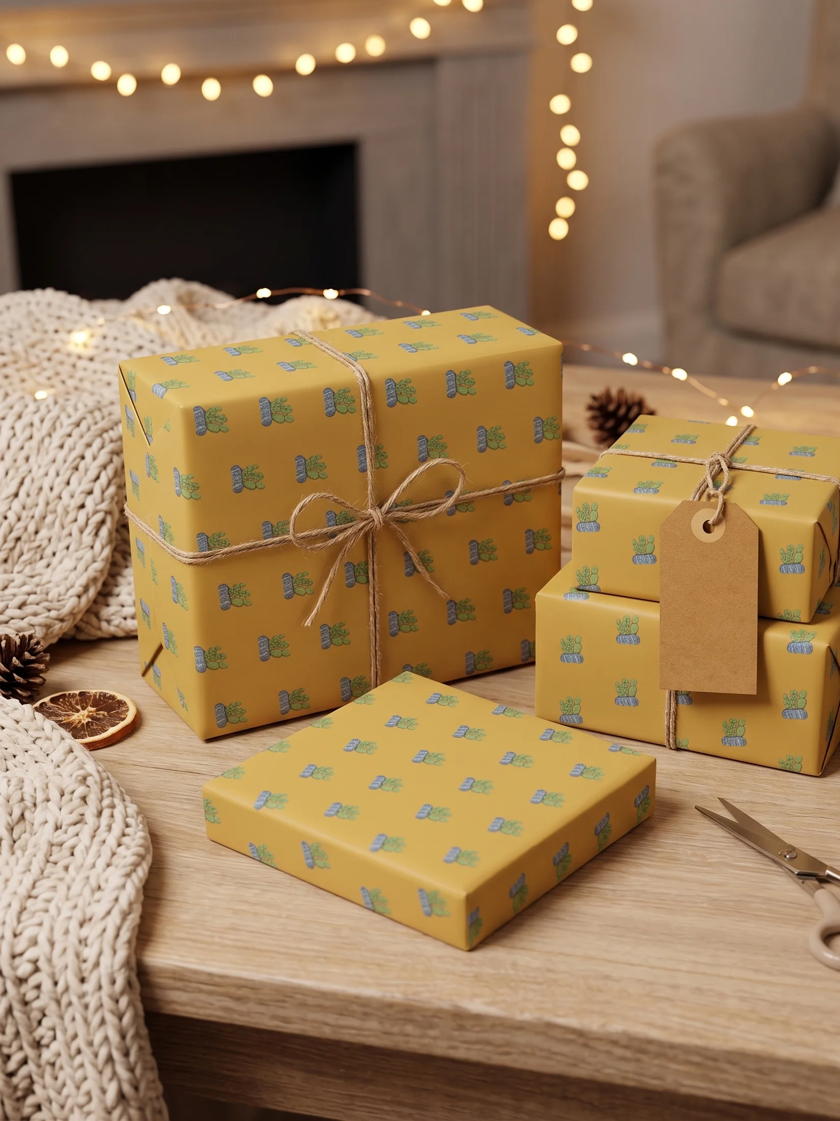 Bunny Cactus Patterned Wrapping Paper, Illustrated Ditsy Gift Wrap, Matte or Glossy Finish product image (1)