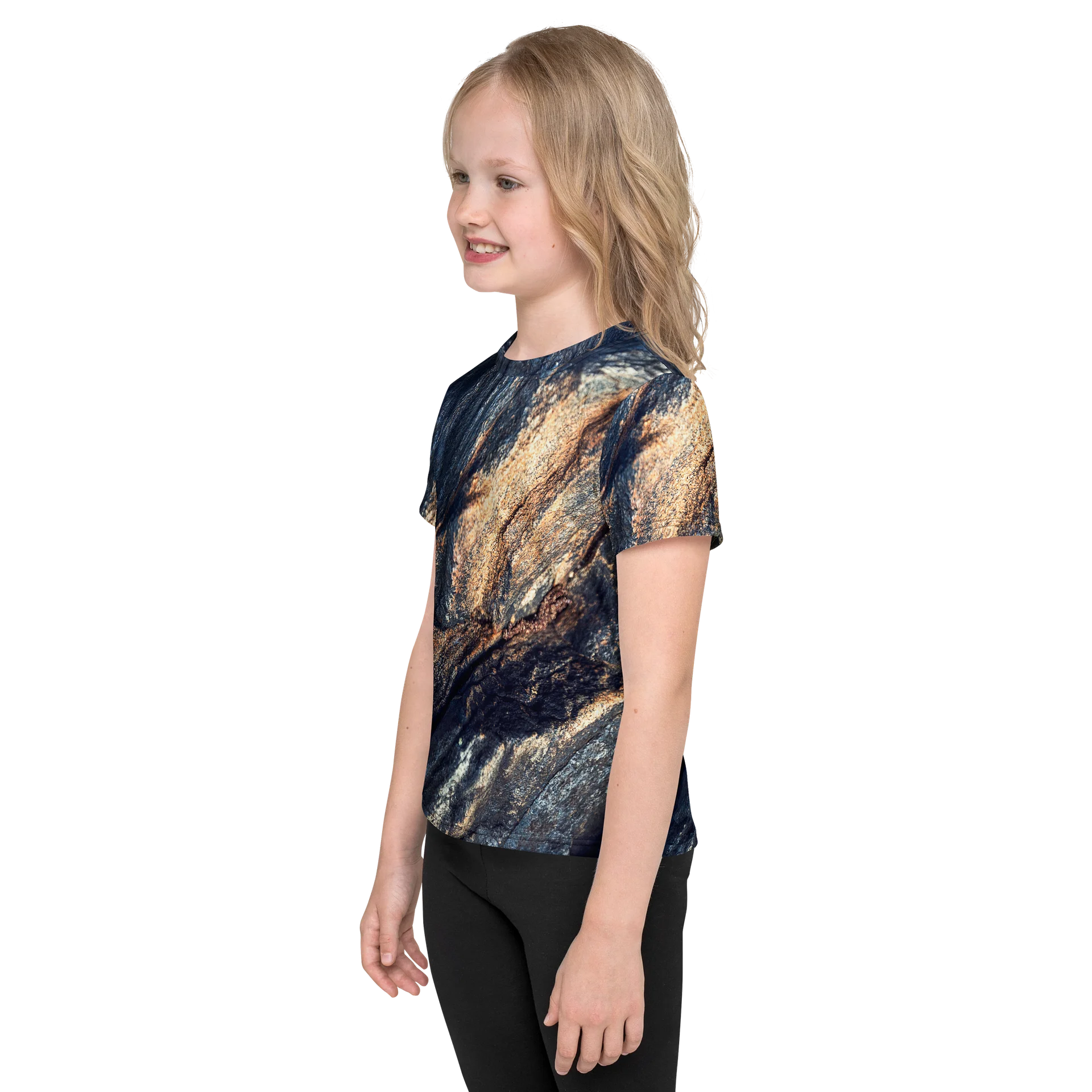 Obsidian Vein: Kids All-Over Print Dark Slate & Gold Crew Neck T-Shirt product image (3)