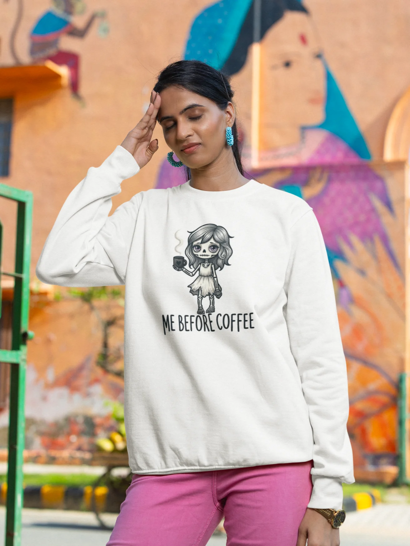 "Me Before Coffee" Skeleton Girl Sweatshirt | Me Before Coffee Collection product image (1)