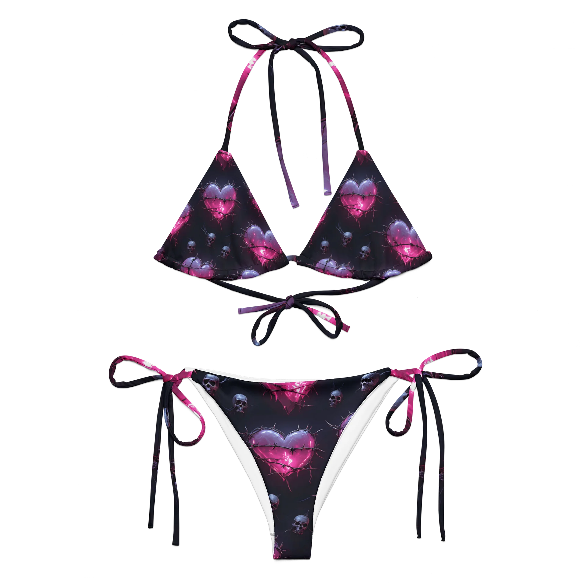 Gothic Heart Skull Bikini - Dark Pink Neon Hearts & Skulls Recycled Two-Piece Swimsuit product image (4)