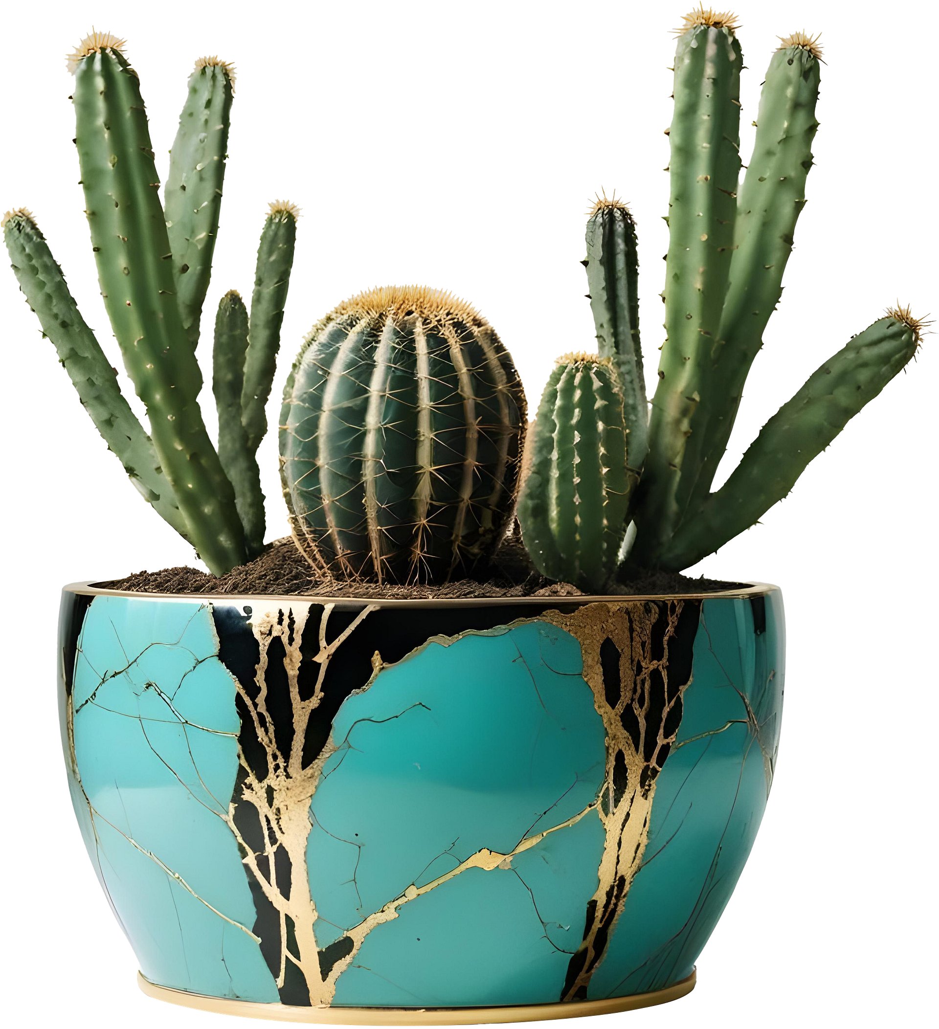 Kintsugi Glow – Turquoise Planter with Golden Cracks PNG product image (1)