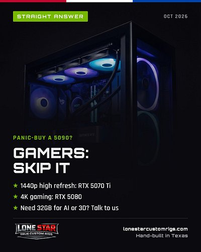 Panic-buy a 5090? Gamers: skip it. 🤠

🎮 1440p high refresh → RTX 5070 Ti
🎮 4K gaming → RTX 5080
💼 Need 32GB for AI, 3D or 8K ...