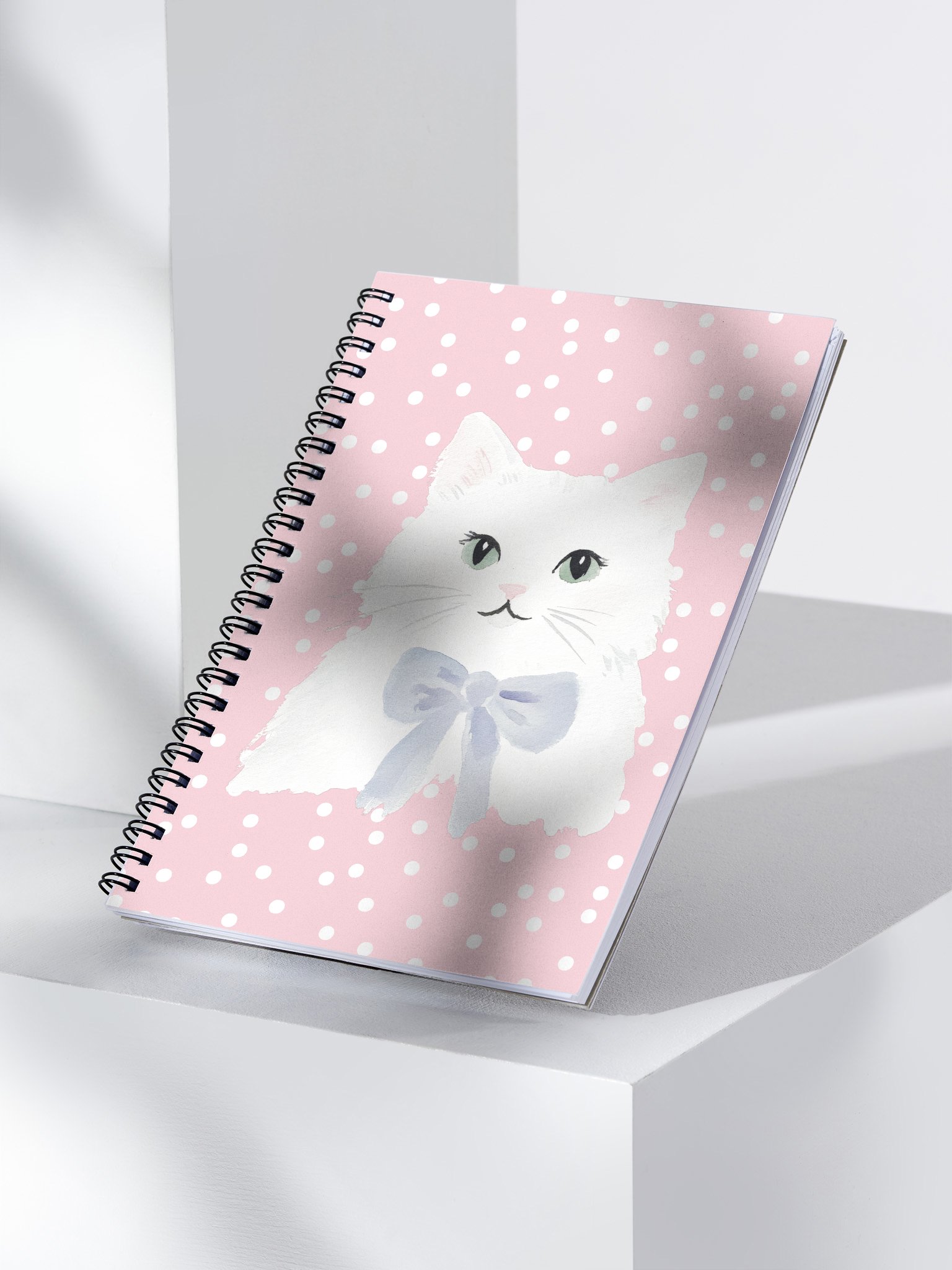 Fluffy White Cat with Bow Spiral Notebook – Cute Polka Dot Edition product image (3)