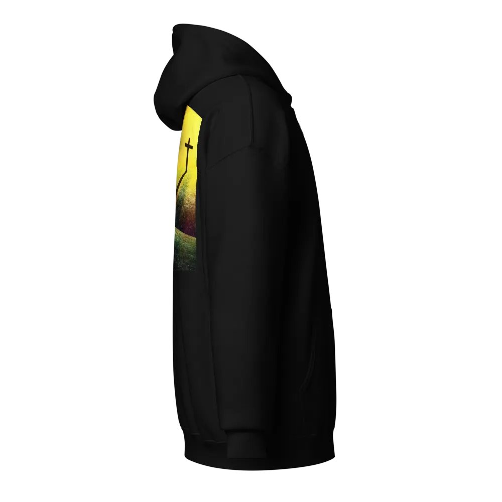 A cross standing prominently on a grassy hill, with a vivid, dramatic background Hoodie product image (4)