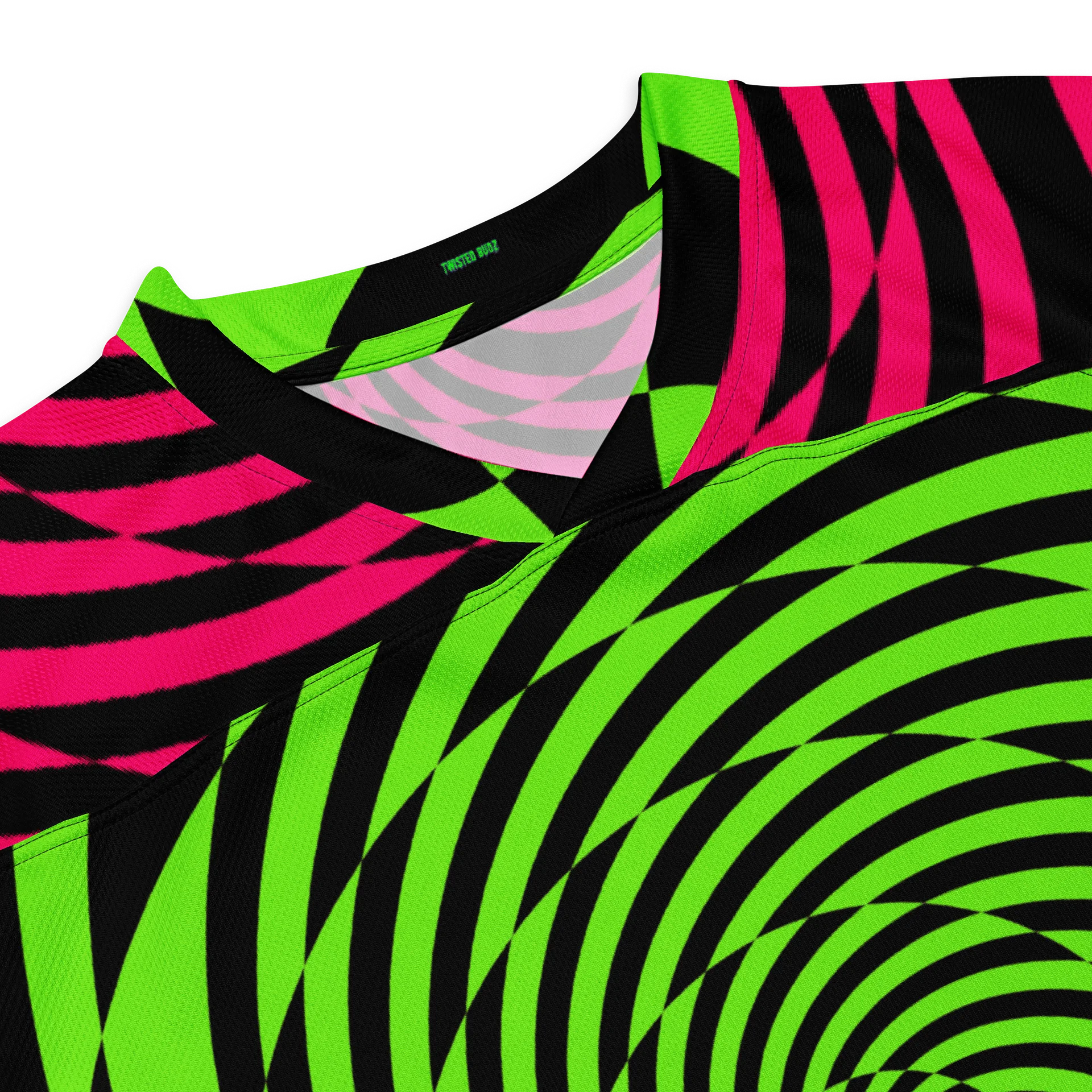 Psychedelic Rave Recycled Hockey Jersey, Trippy Spiral EDM Shirt, Techno Dance Party Festival Top, Neon Green Pink Black Alternative Clothes product image (3)