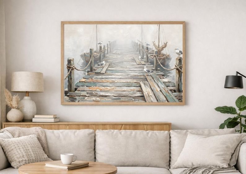 Rare Watercolor Coastal Wall Art Bundle of 3 – Coastal Grasses in Wind, Lobster Boat Docked in Harbor & Wooden Jetty in Sea Mist, Fine Detail Nautical Print product image (2)