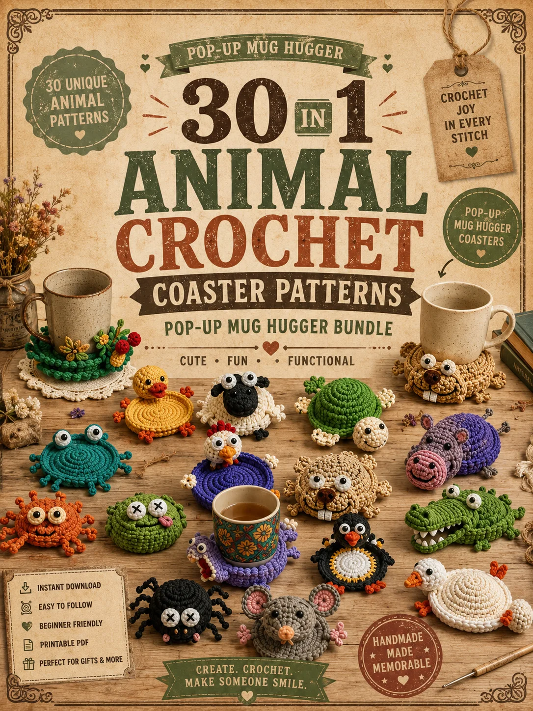 30-in-1 Animal Crochet Coaster Patterns | Pop-Up Mug Hugger Bundle product image (2)