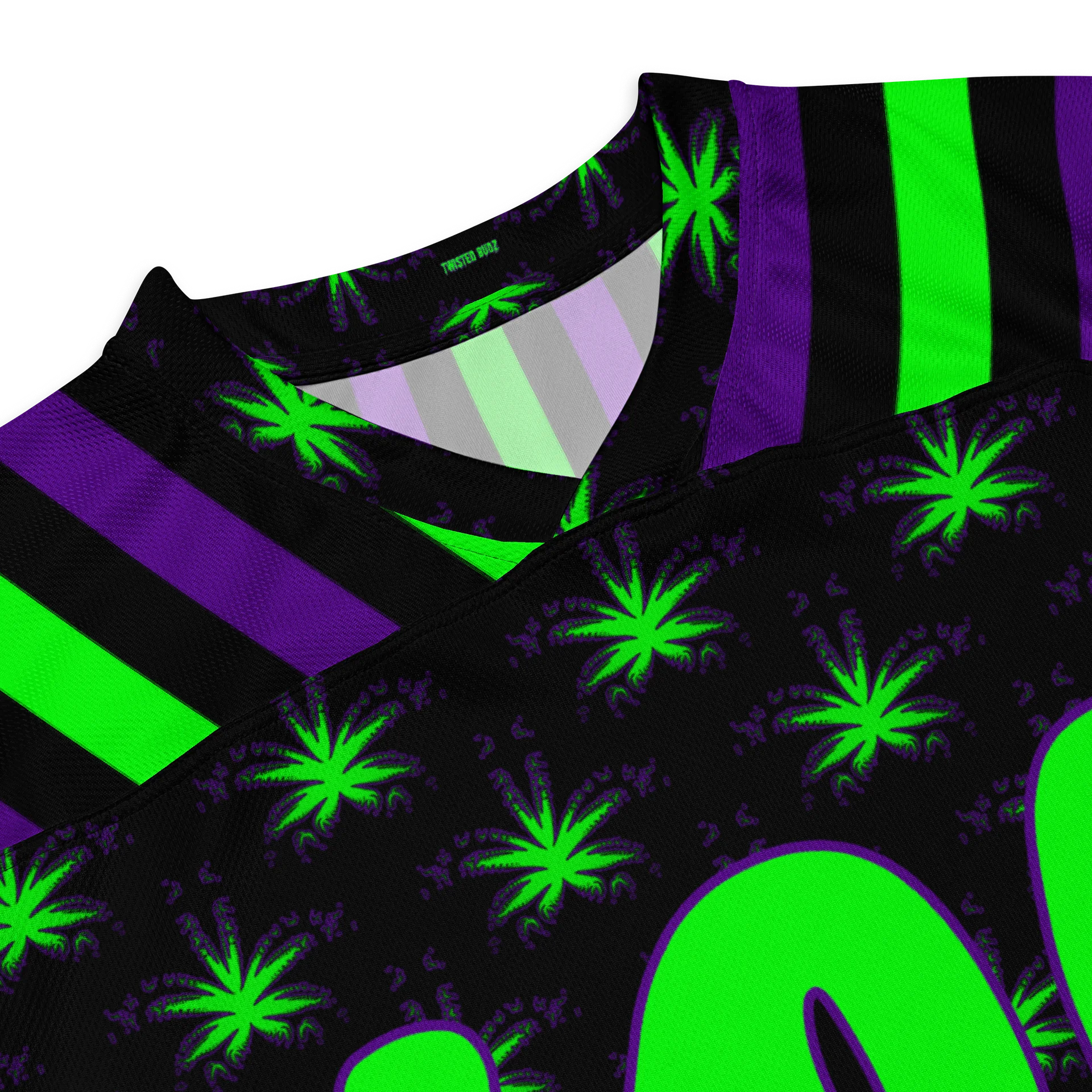 Rave 420 Fan Hockey Jersey, Circus Stripes Stoner Shirt, Neon Green Purple Black Creepy Cannabis Clothing, Weed Leaf Festival Fashion product image (2)