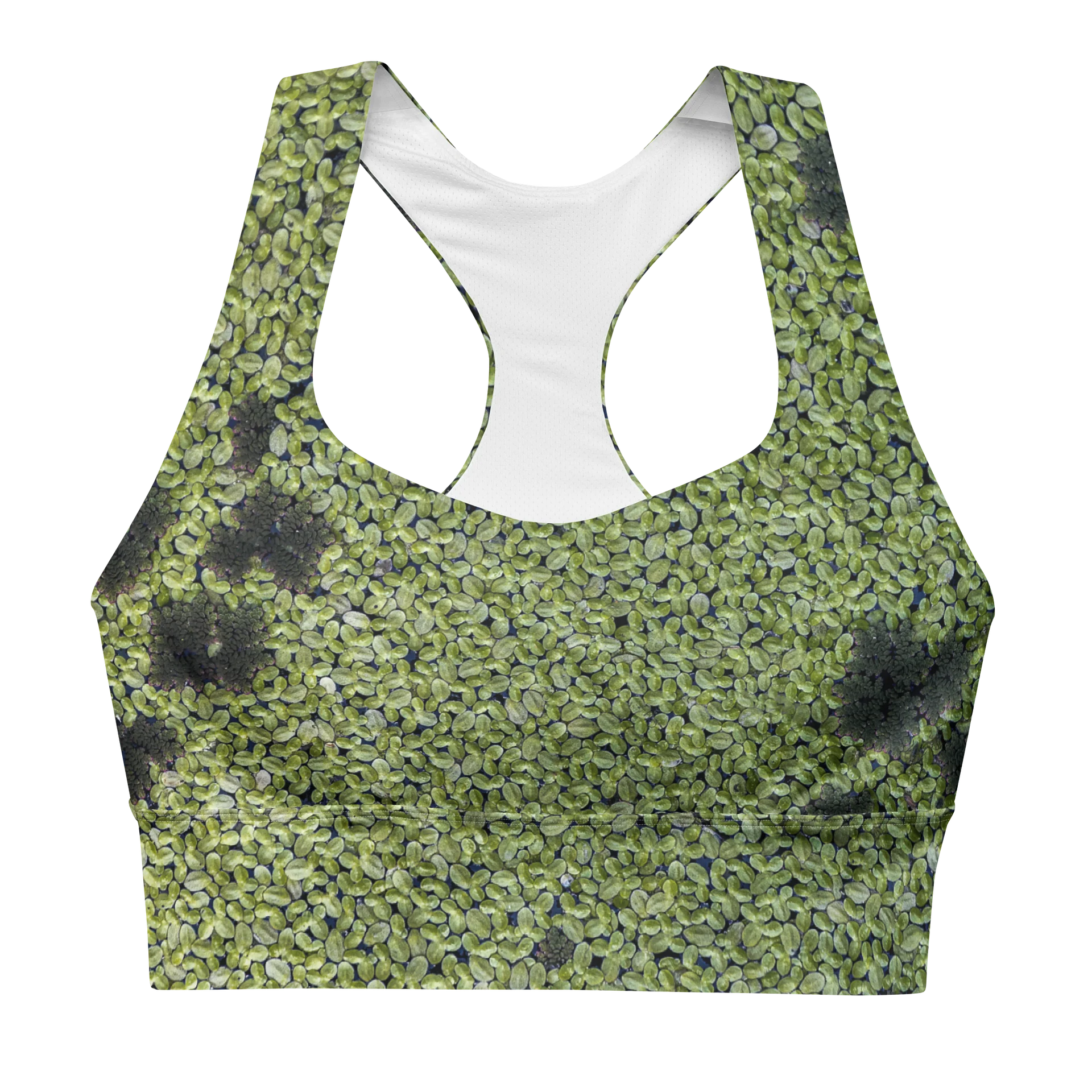 Verdant Life: Green Seeds Recycled Longline Sports Bra | All-Over Print Padded Yoga Bra Top | Eco-Friendly Earthy Green Crop Top product image (1)