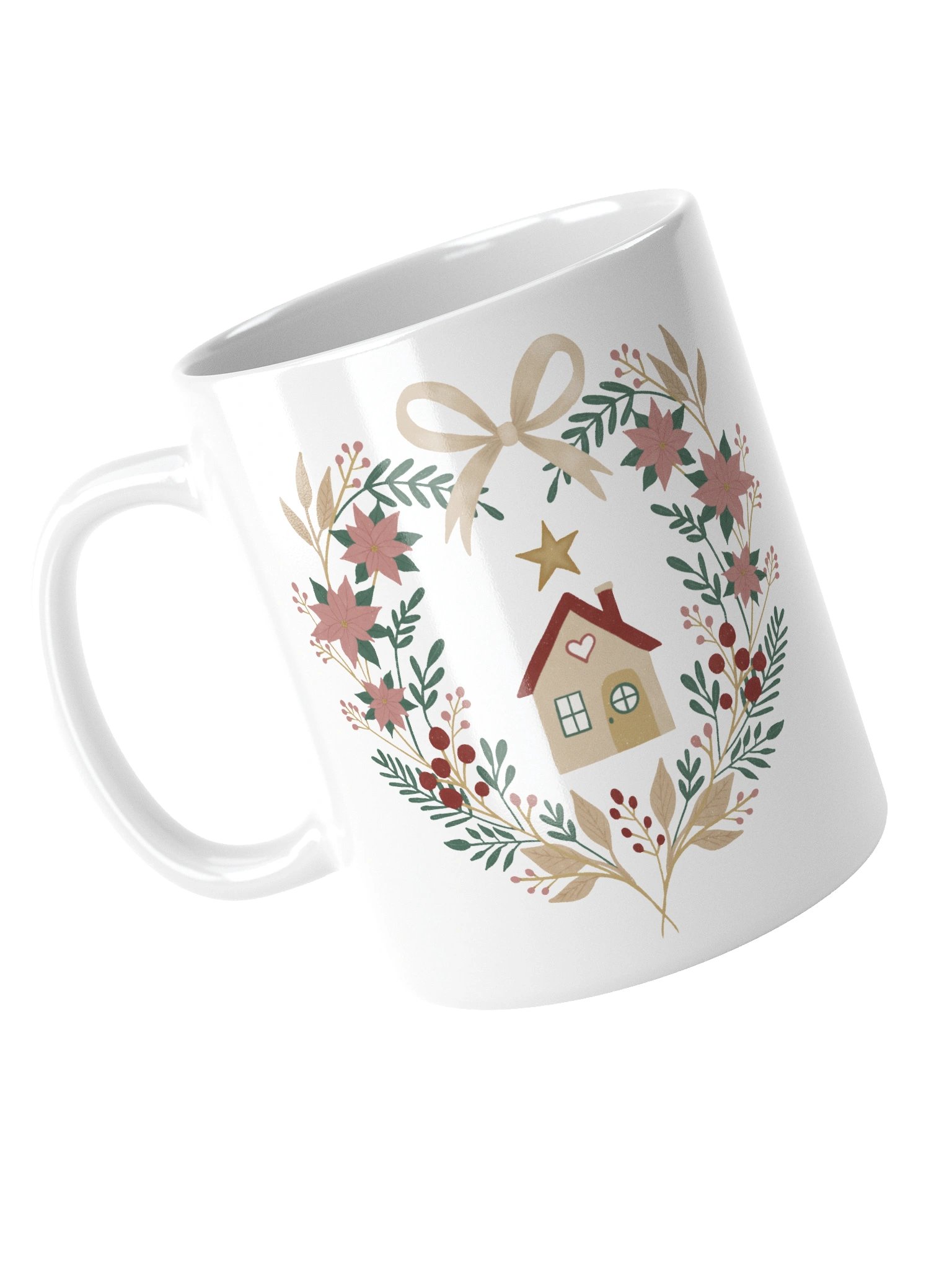 White glossy mug winter heart home. Cozy Christmas mug with handmade winter illustration product image (4)