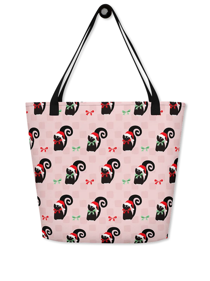 Black Christmas Kitties On Pink Checkerboard – Large Tote Bag product image (1)