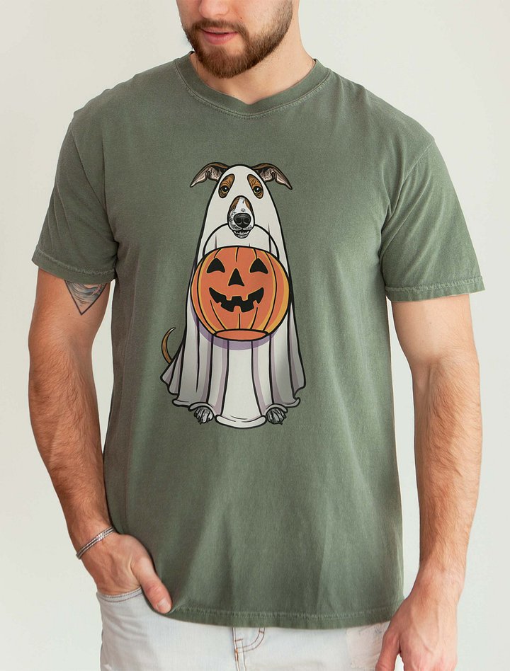 Funny Halloween Italian Greyhound(Sable) T-Shirt | Funny Iggy Wearing a Ghost Costume and Holding a Pumpkin Basket product image (2)
