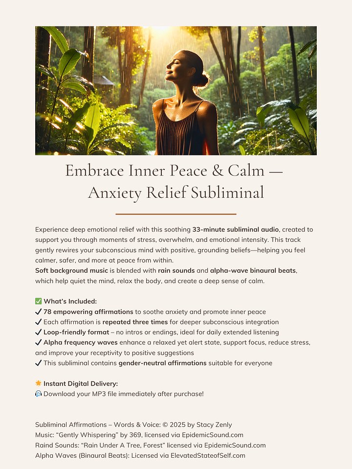 Embrace Inner Peace & Calm - Anxiety Relief Subliminal | MP3 Audio Download product image (2)