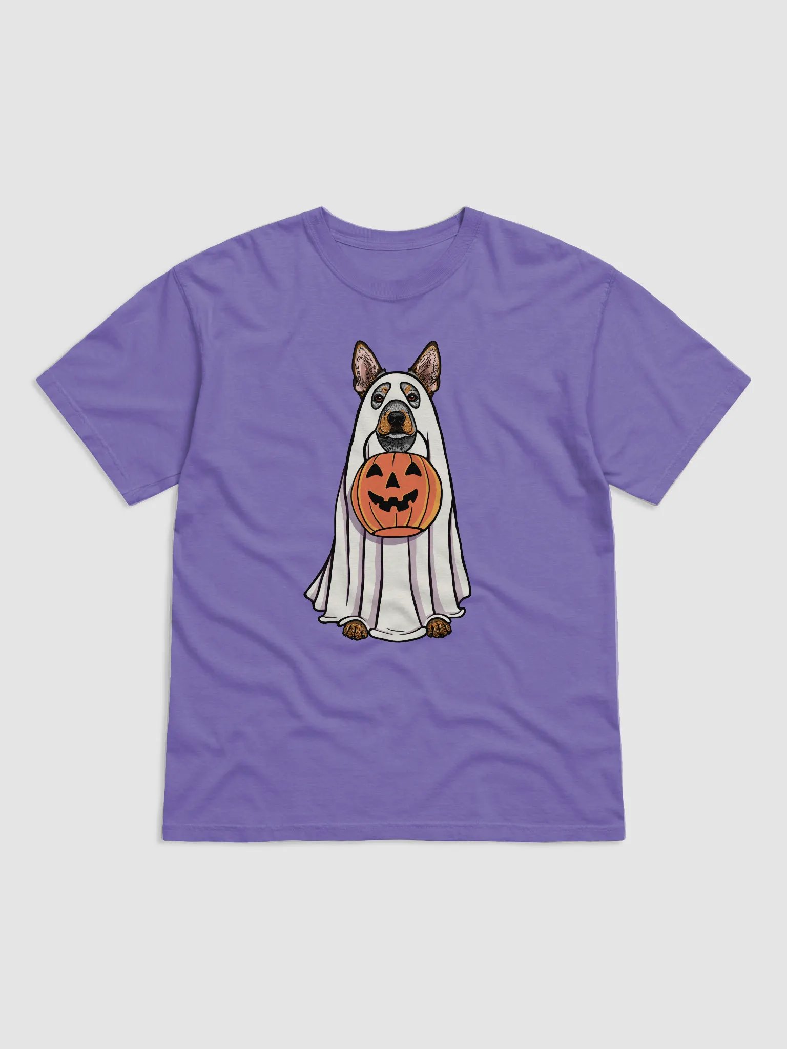 Funny Halloween Australian Cattle Dog T-Shirt | Funny Blue Heeler Wearing a Ghost Costume and Holding a Pumpkin Basket product image (1)