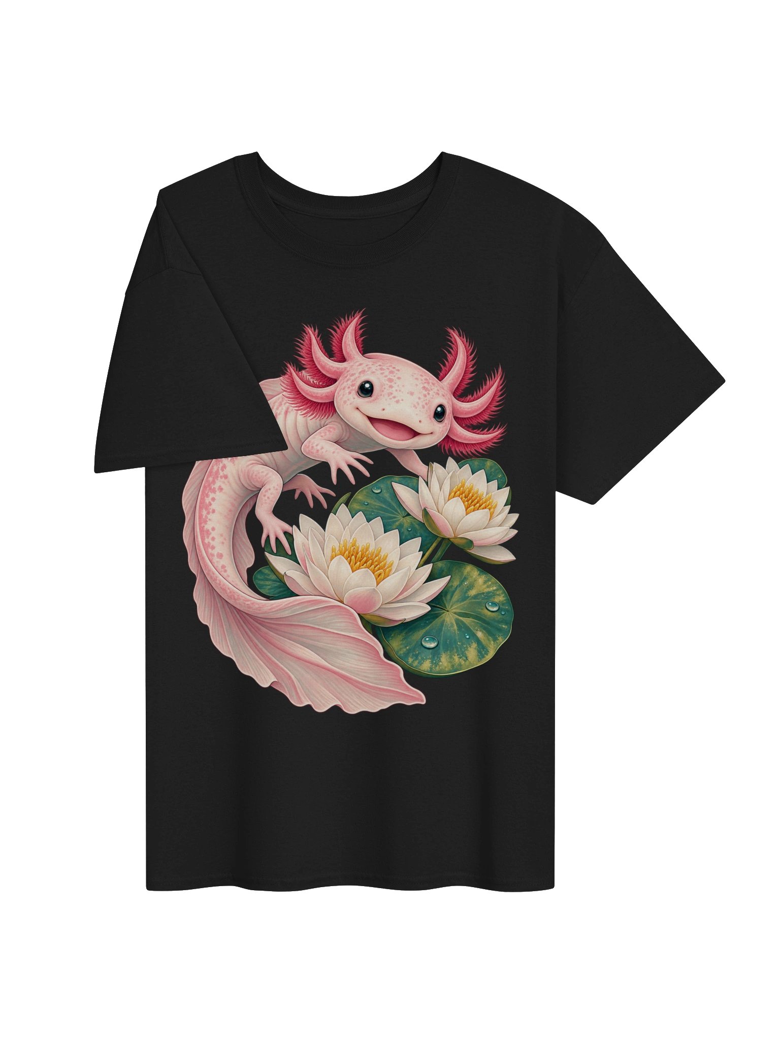 Pink Axolotl Water Lily T-Shirt – Botanical Amphibian Art product image (3)