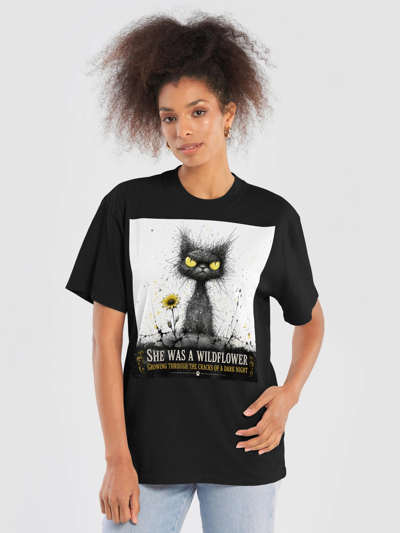 Black Cat Wildflower Premium Oversized T-Shirt, Gothic Cat Lover Gift, Faded Black Shirt product image (6)