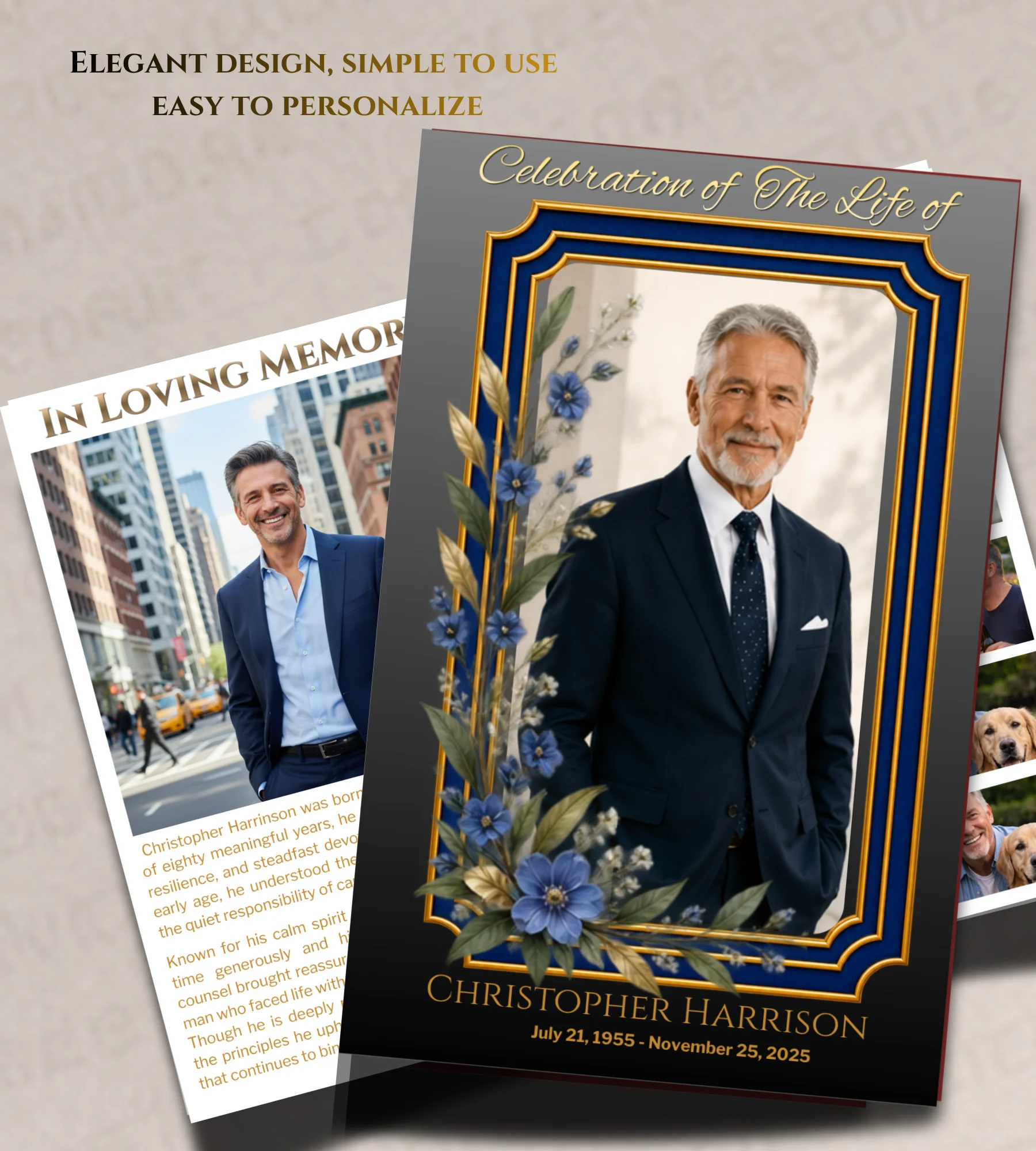 Blue Floral Funeral Program Template for Men (Canva Editable Bifold) product image (4)
