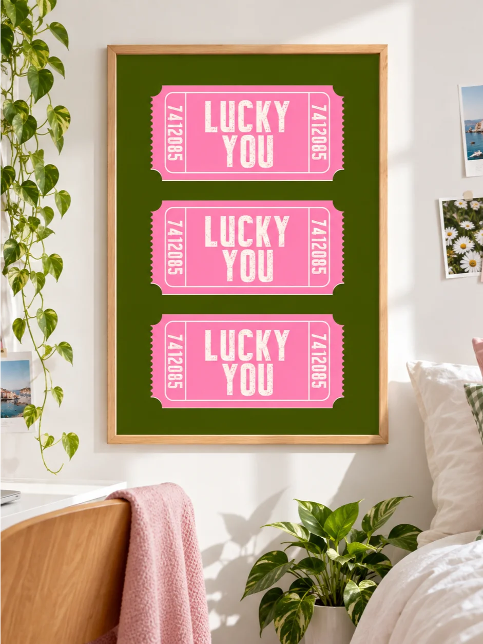 Lucky You Poster, Pink Green Ticket Wall Art, Retro Typography Print, Funky Dopamine Decor, Bright Printable Bedroom Art, Gallery Wall Print product image (8)