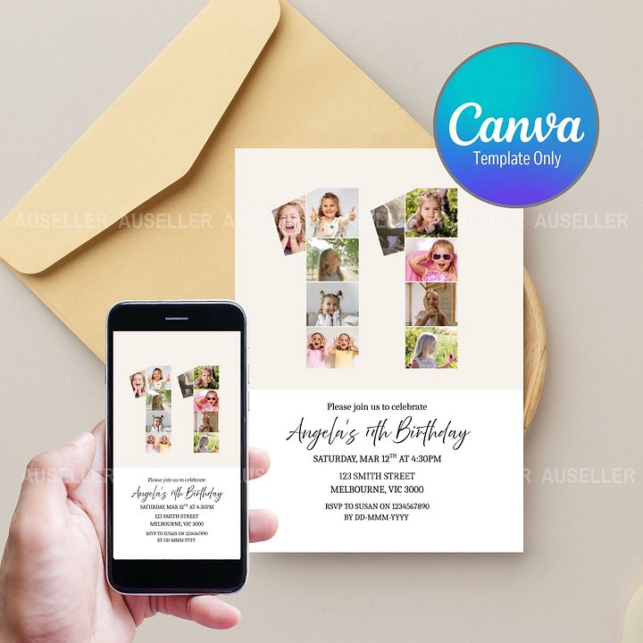 11th Birthday Photo Collage Editable Invitation Template product image (1)