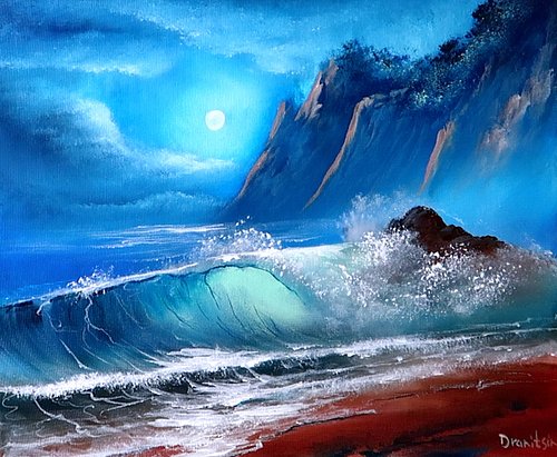 Silent Wave Breaking on Rocks | Night Ocean | Full Moon | Distant Mountains | Oval Brush | Acrylics

Unlock the serene beauty...