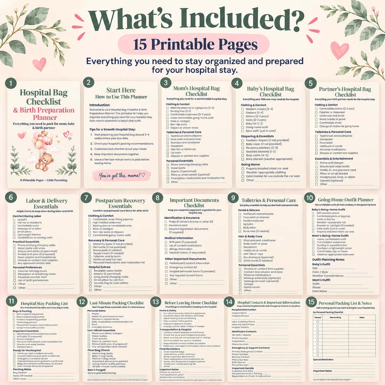 Hospital Bag Checklist Printable | Birth Preparation Planner | 15-Page Mom, Baby & Partner Packing Kit product image (2)
