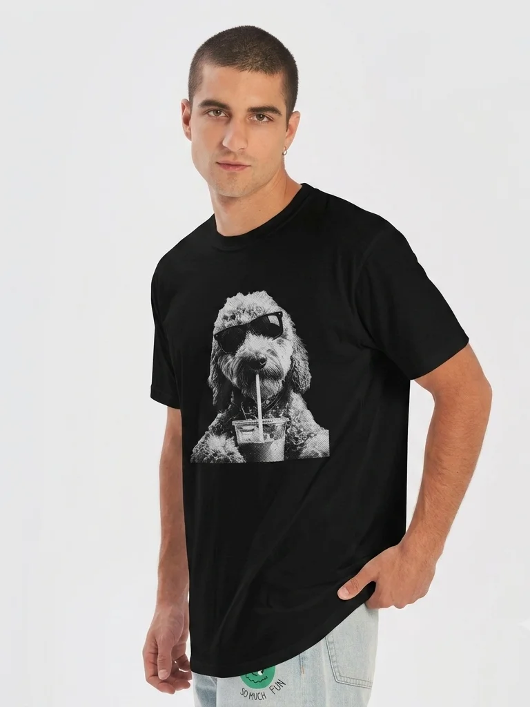Funny Goldendoodle Drinking Iced Coffee T-Shirt | Dog With Sunglasses Graphic Tee | Cute Pet Lover Gift | Trendy Dog Mom Shirt product image (1)