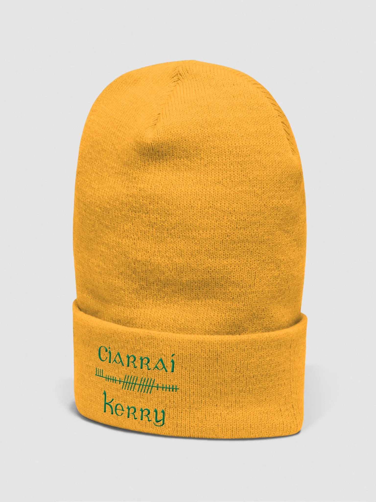 Kerry/Ciarraí Orthodox style Ogham, Gold with Green, embroidered Cuffed Beanie product image (2)