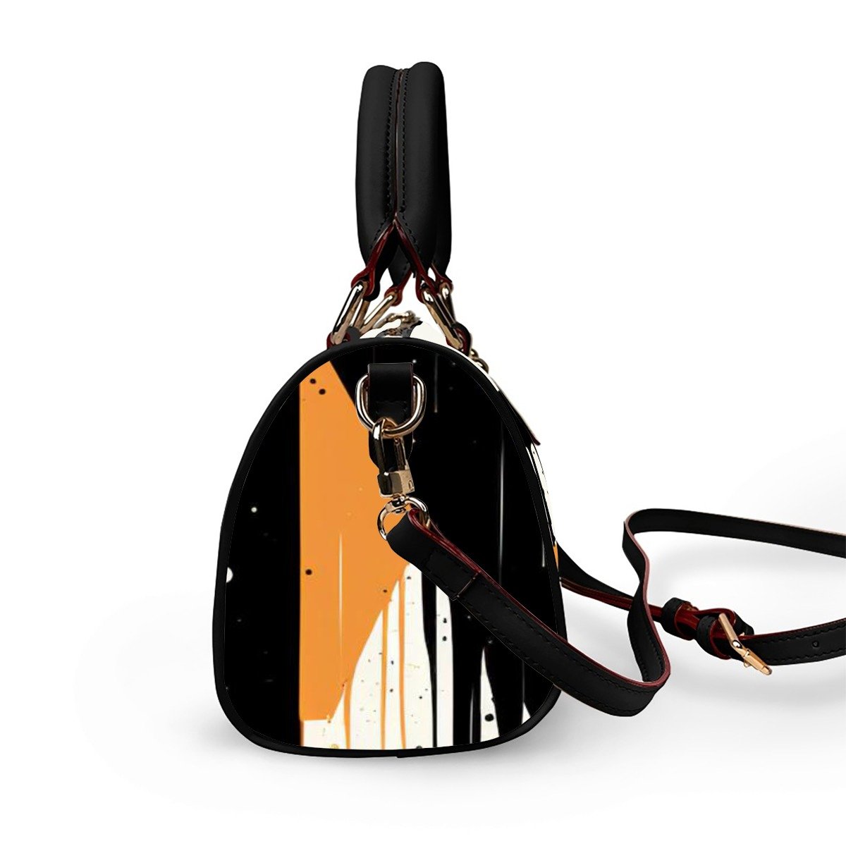 Abstract Art Barrel Bag – Black & Orange Geometric Paint Splash Mini Handbag with Crossbody Strap product image (4)