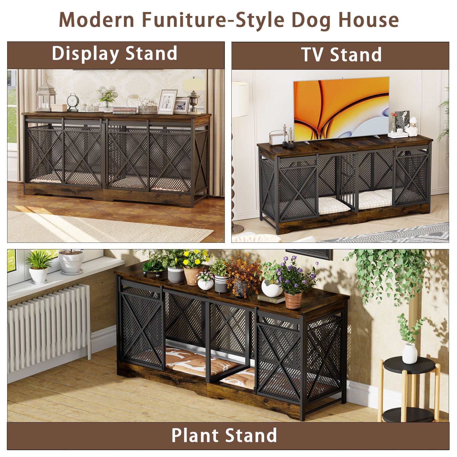 78 Inch Double Dog Crate Furniture, Extra Large Dog Kennel Indoor for Medium Large 2 Dogs, Heavy Duty Dog Cage Chew-Resistant Steel and Wooden Pet House with Removable Divider (Brown) product image (3)