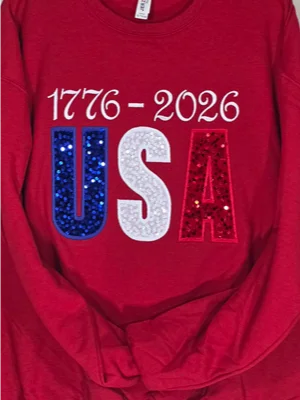 USA 1776 Patriotic America 4th of July Red Crewneck Embroidery Applique Sequin product image (2)