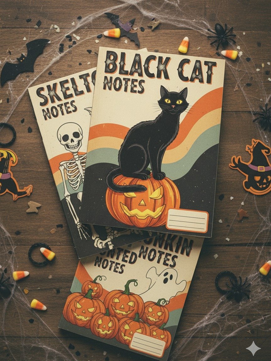 Black Cat Notes Digital Notebook Cover | Halloween Printable Journal | Retro 70s Spooky Stationery | Vintage Cat Lover Planner product image (6)
