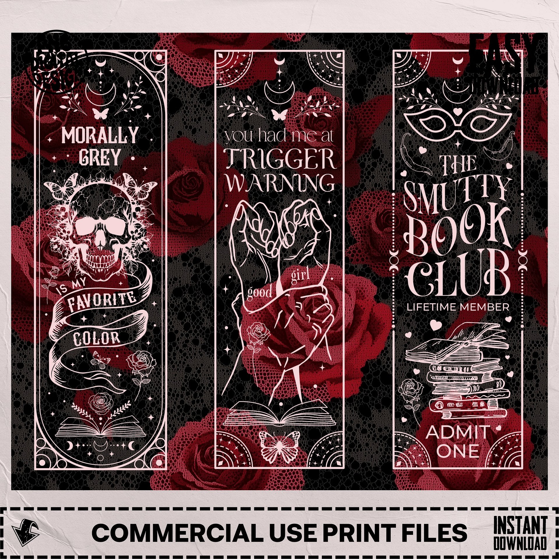 Skull Roses Black Red Smut Book Reader Dark Romance 20oz Tumbler Wrap PNG, Pink Morally Grey, Seamless Sublimation Design, Digital Download product image (6)