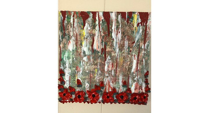 "Abstract Forest with Poppies" 8"x8" birch panel Impasto painting product image (1)