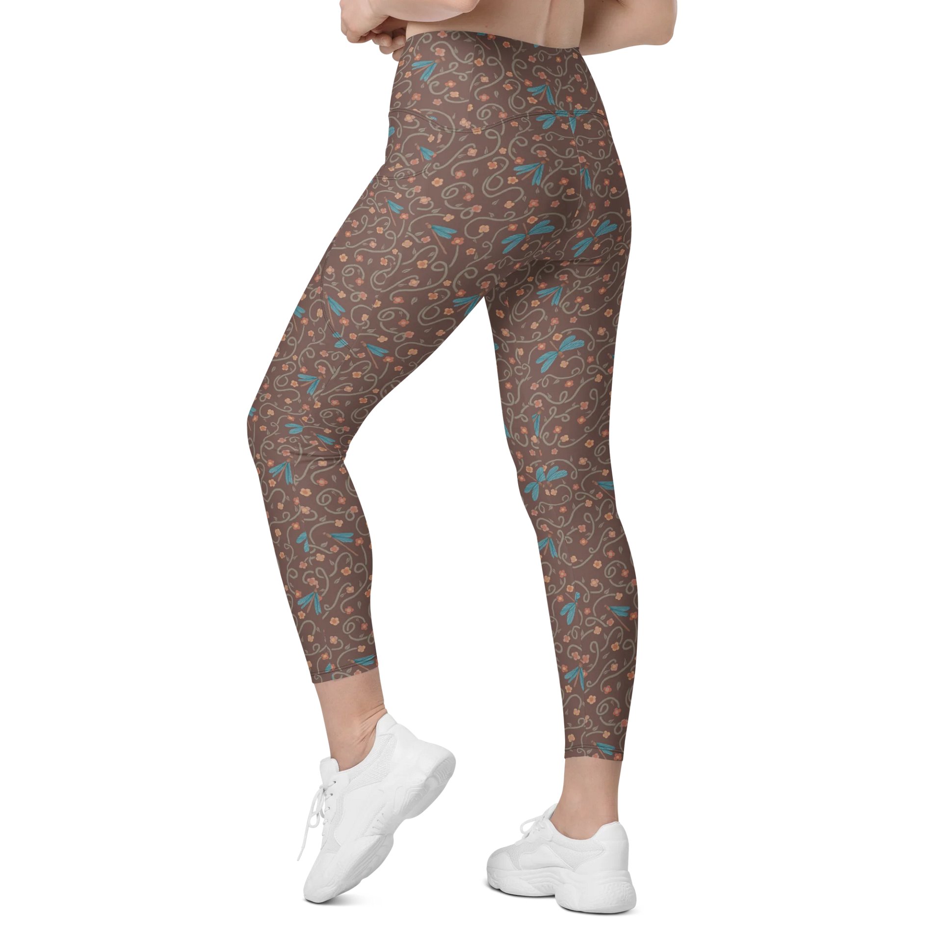 All-Over print leggings with pockets. Dragonfly and floral artistic activewear product image (5)