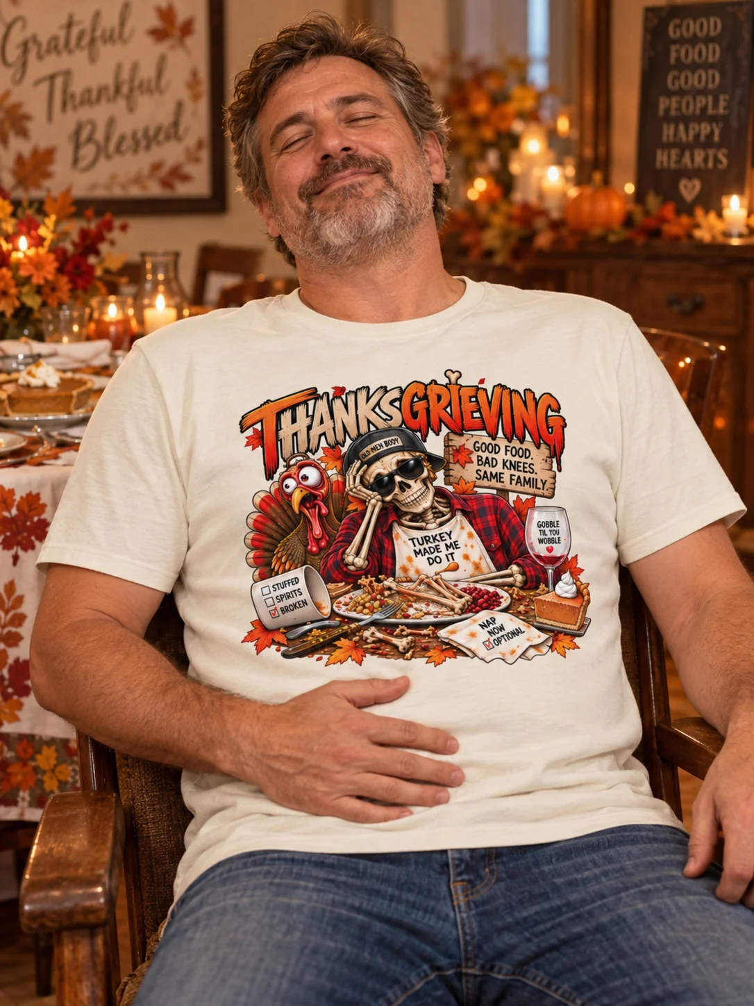 Funny Thanksgiving Shirt — Thanksgrieving, Good Food, Bad Knees | Broken Turkey™ product image (1)