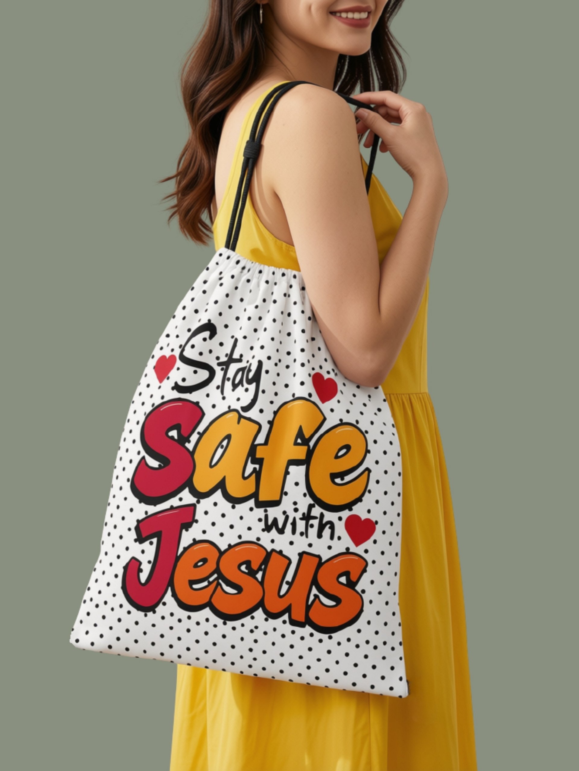 Stay Safe with Jesus Drawstring Bag with Polkadots product image (1)