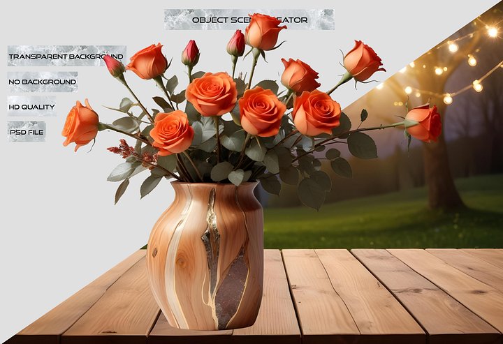 Rustic Wooden Vase with Orange Roses PNG product image (2)