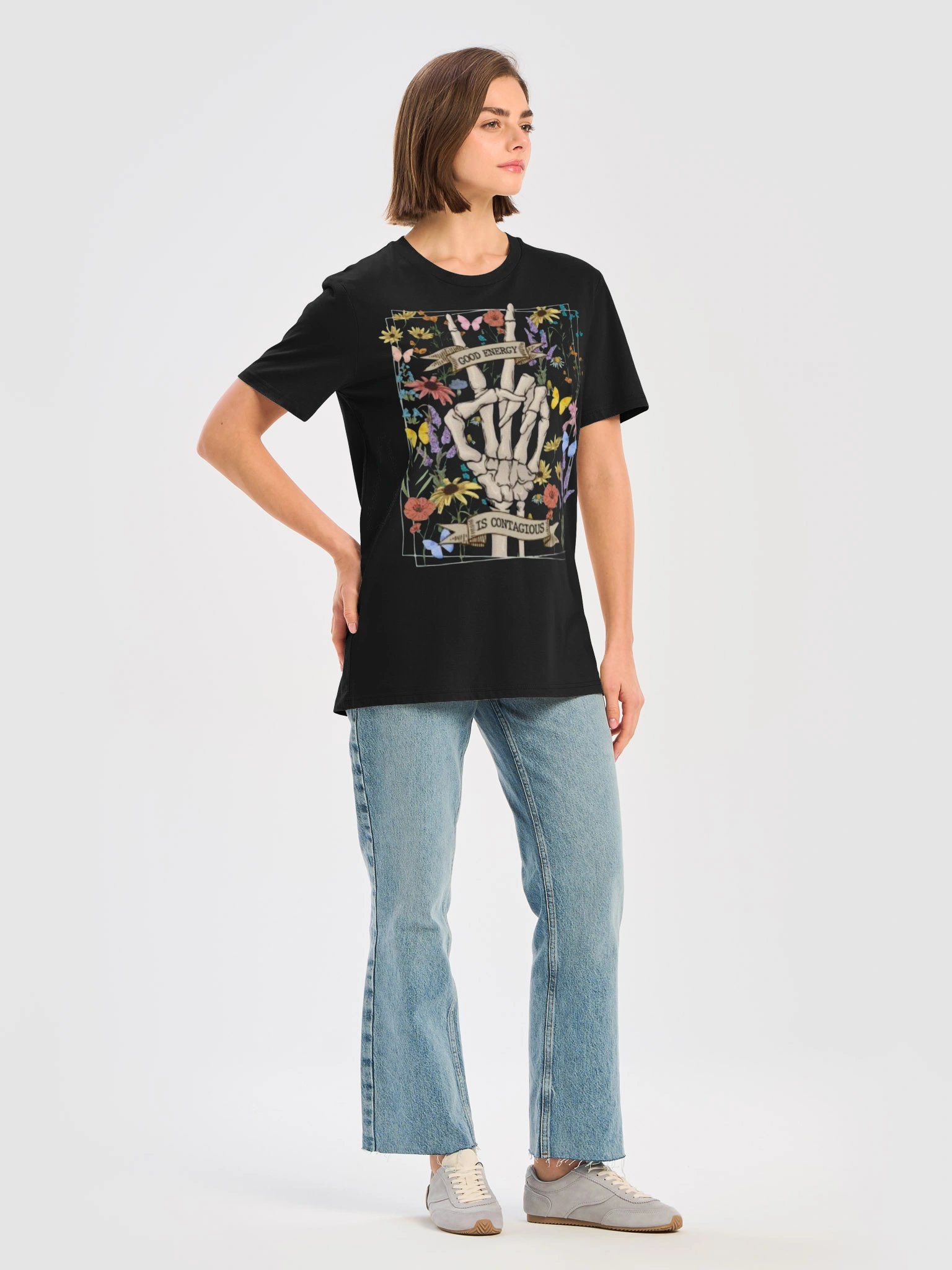 Good Energy Is Contagious T-Shirt – Skeleton Peace Sign Floral Tee | Positive Vibes product image (11)