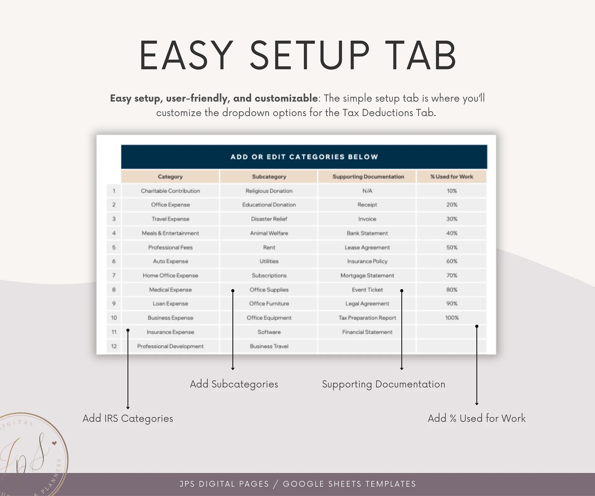 Tax Deductions Tracker & Dashboard Spreadsheet, Google Sheets Template product image (3)